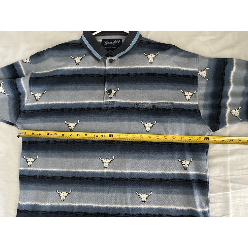 Vintage 90s Wrangler Western Blue Polo Bull Cow Skull Rodeo Cowboy Longhorn XL - Picture 6 of 7